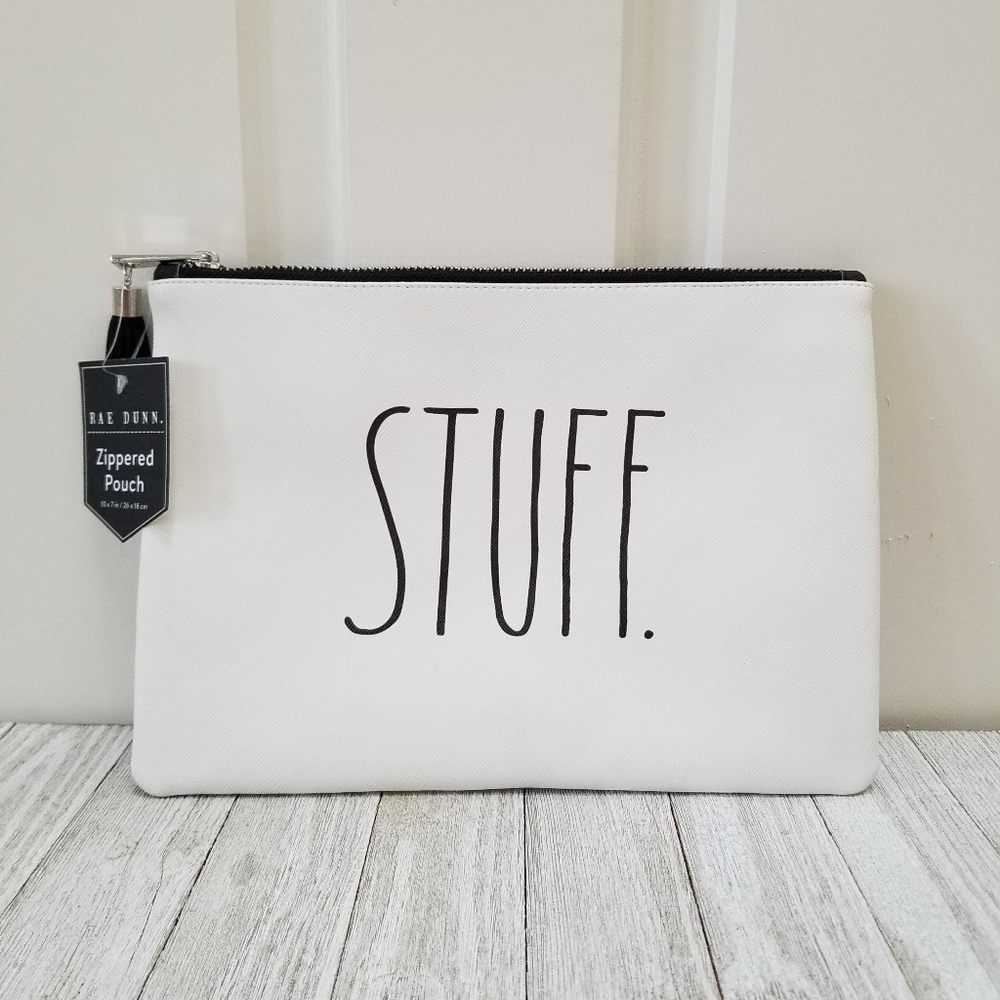 Rae Dunn STUFF White Black Zippered Pouch